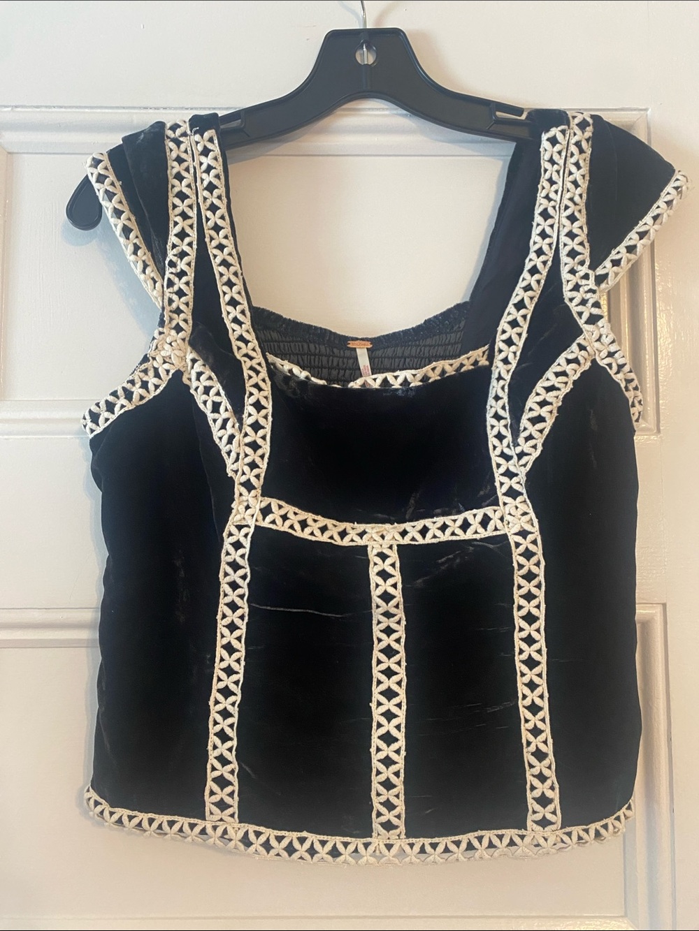 Free People Black Velvet Tank with Cream Braided Trim